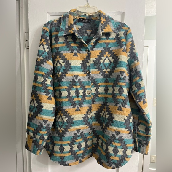 blue b Jackets & Blazers - Blue B Women's Tribal Pattern Shacket